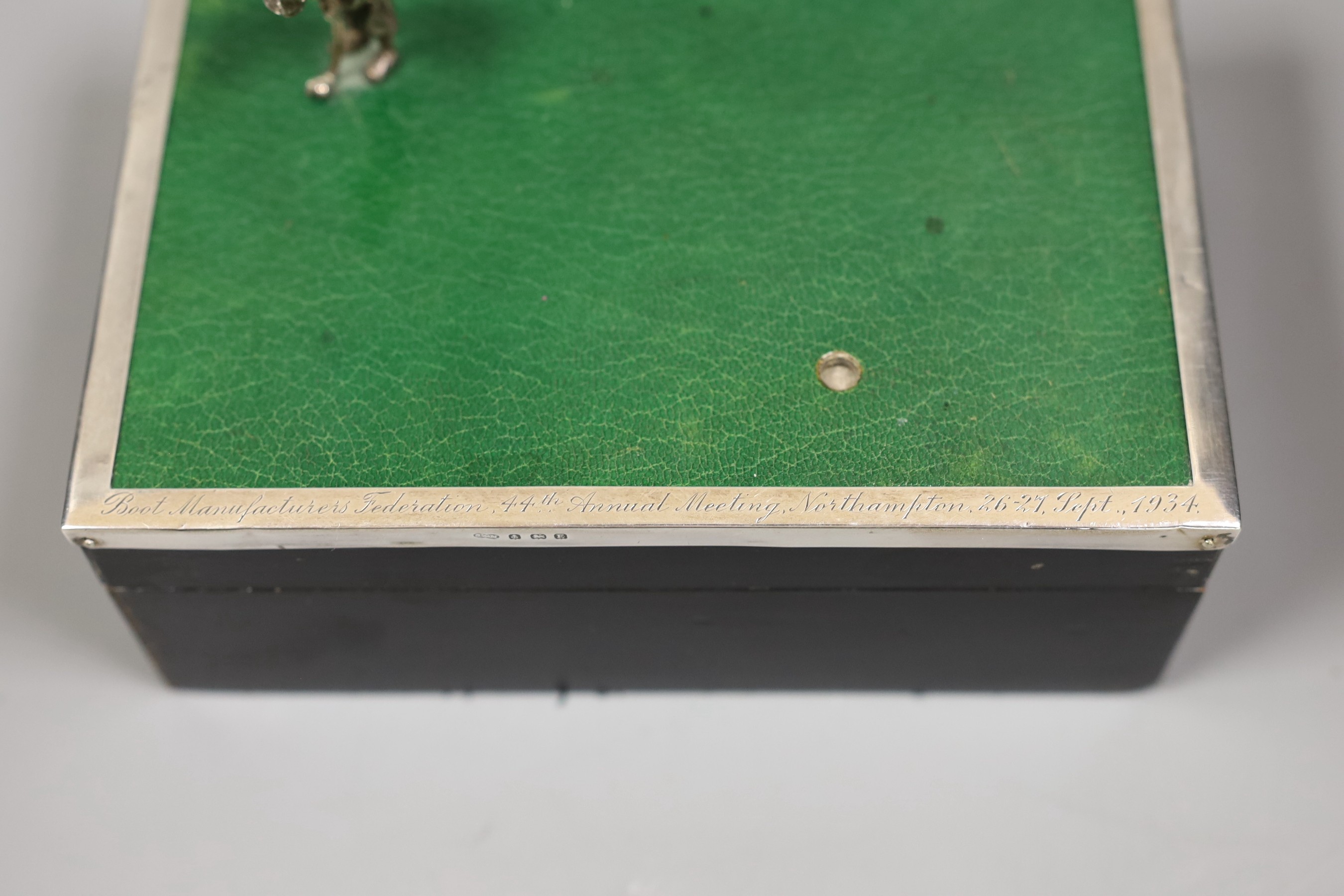 A George V silver and leather mounted golf related card box, with engraved inscription dated 1934, Sanders & MacKenzie, Birmingham, 1930, 17.2cm.